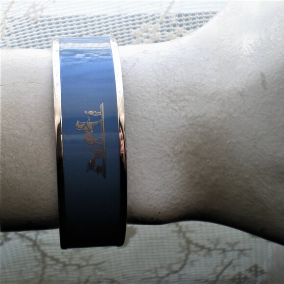 NWT Hermes Caleche Blue Enamel Palladium Plated Wide Bangle Bracelet Size 62 - Picture 9 of 10